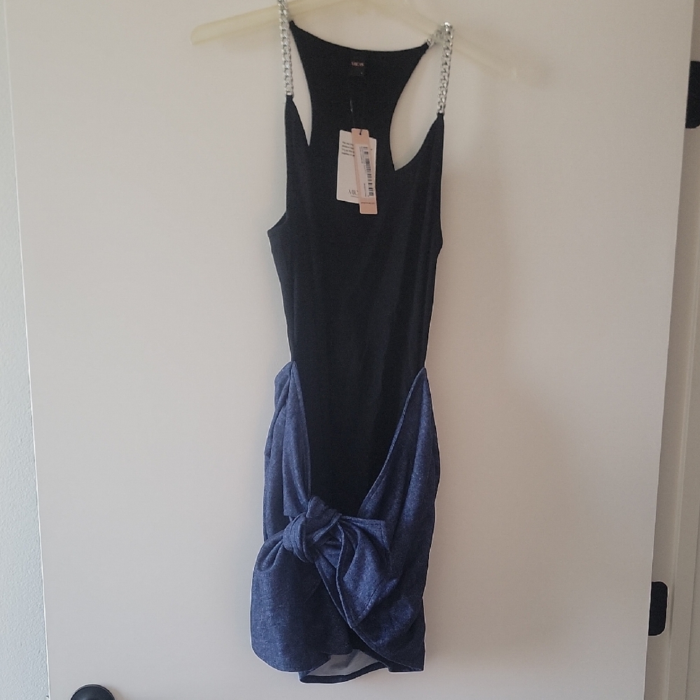 Black & Navy Knot-Detail Mini Dress with Chain Straps